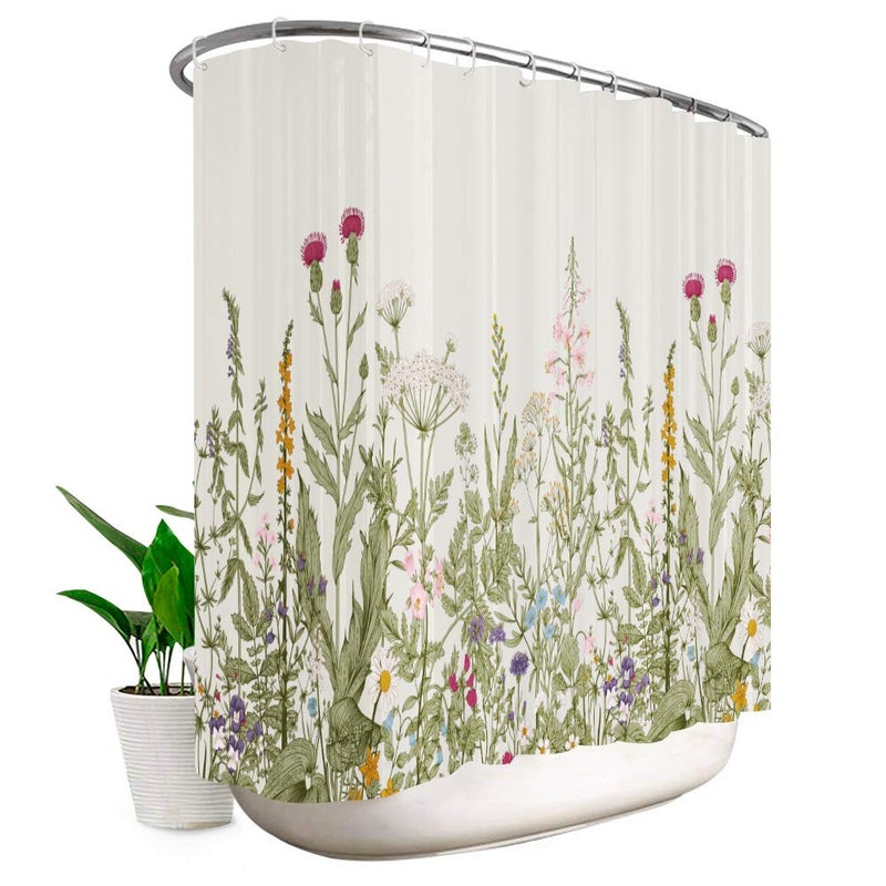 Riyidecor Extra Wide 108Wx72H Wildflower Clawfoot Tub 9ft Shower Curtain 108 Inch 18 Metal Hooks Botanical Colorful Border Herbs Decor Bathroom Windows Balconies Fabric Polyester Waterproof - Image 1